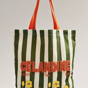 NWT Anthropologie Printed Beaded Canvas Tote Bag Celandine NEW